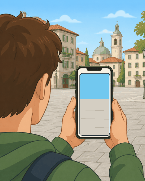 Das Smartphone wird zum Boden geschwenkt, bis das Fadenkreuz grün aufleuchtet.